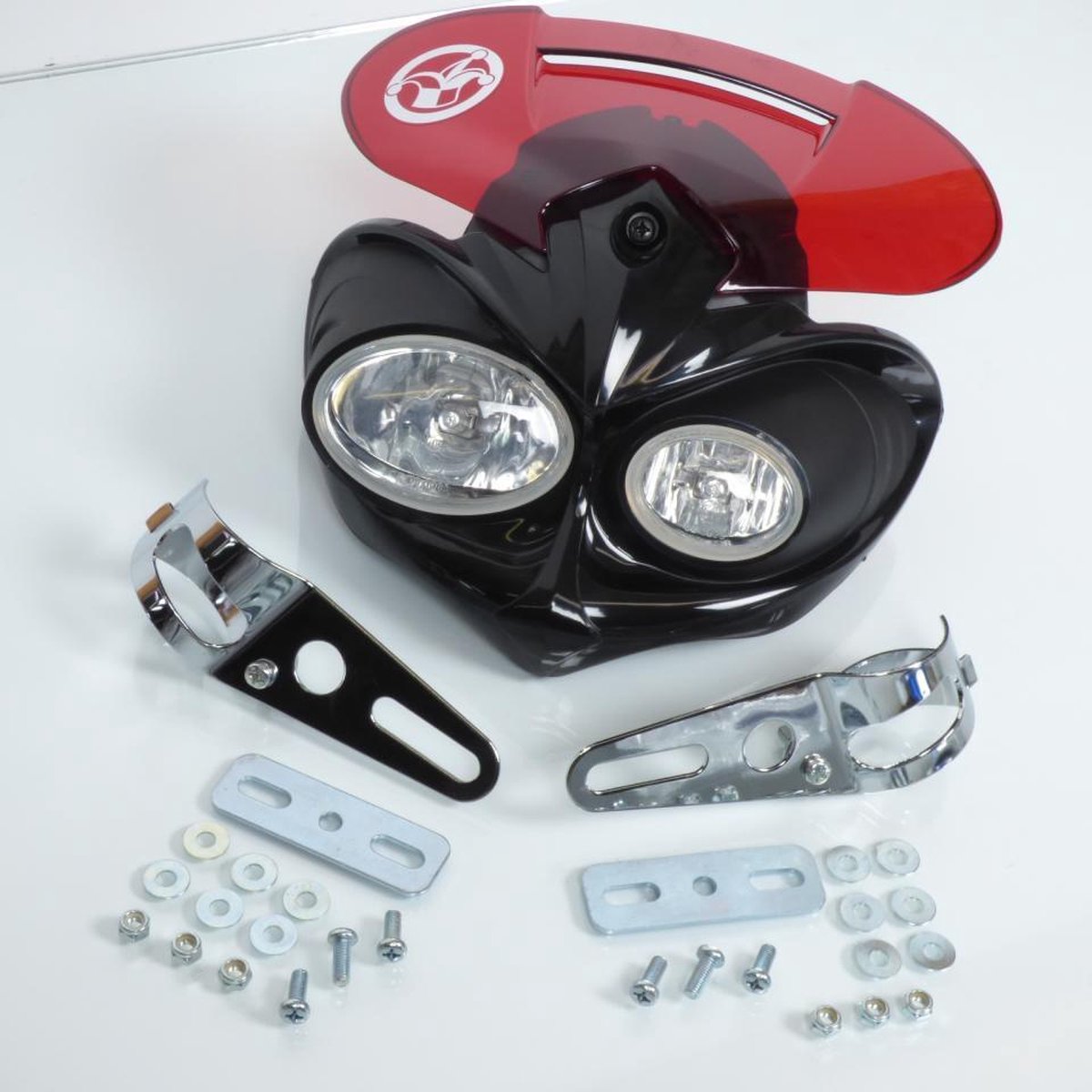 voorvorkkopplaat dubbele koplamp mad venom zwart/rood voor motorfiets mécaboite 2 lampen h3