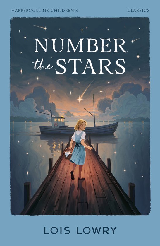 Boekomslag van 'Number the Stars' van Lois Lowry, met een meisje op een steiger bij zonsondergang.