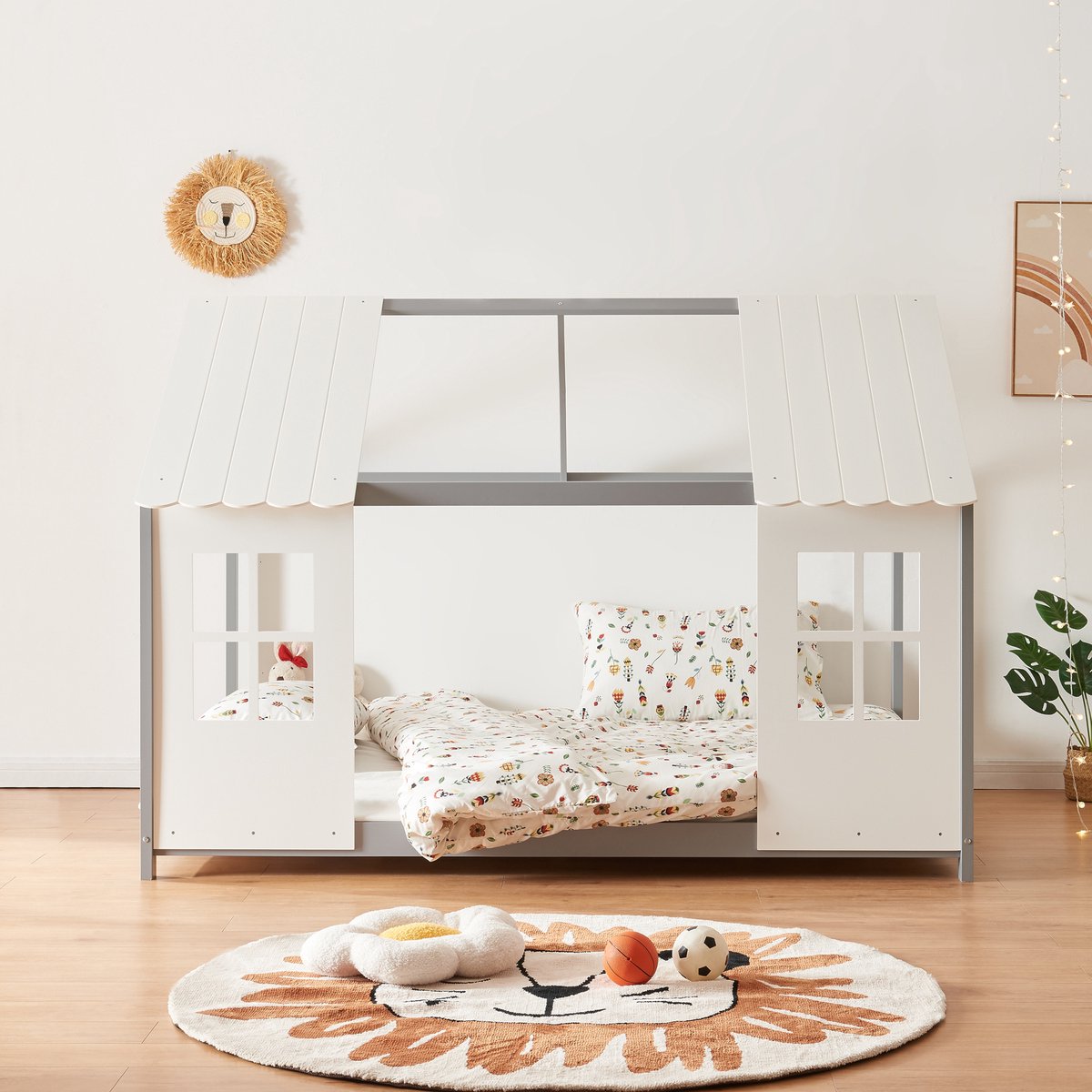 Kinderbed Tostedt huisbed grenen grijs en wit 120x200 cm [en.casa]