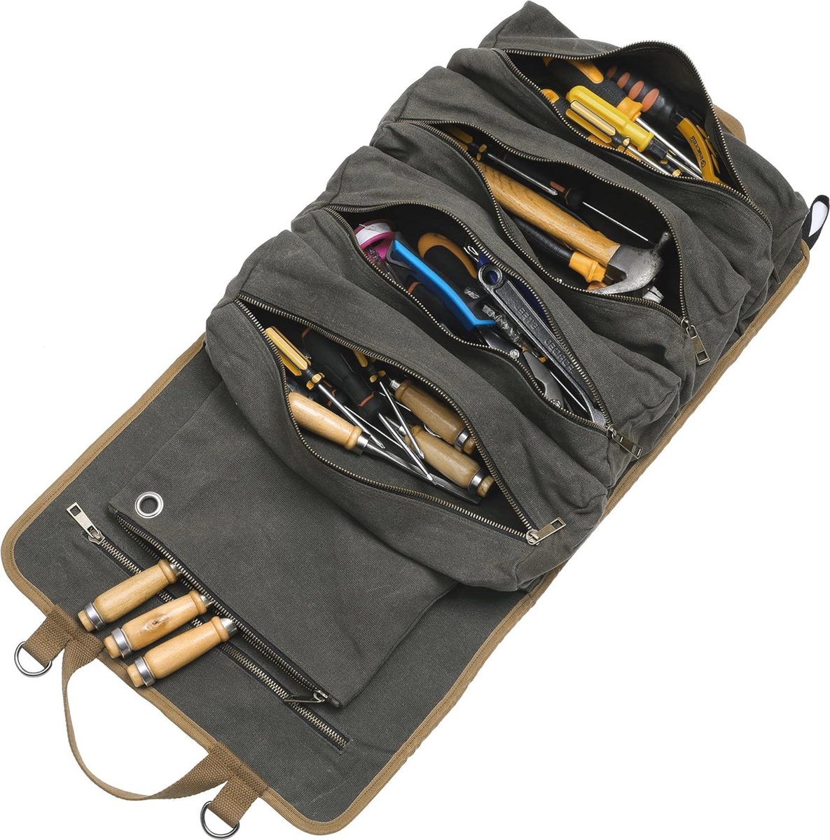 Goedkoopste Gereedschapsroltas voor handgereedschap - 400 ml, 6 vakken, stevig geweven canvas, veelzijdige tas voor elektriciens en monteurs, legergroen