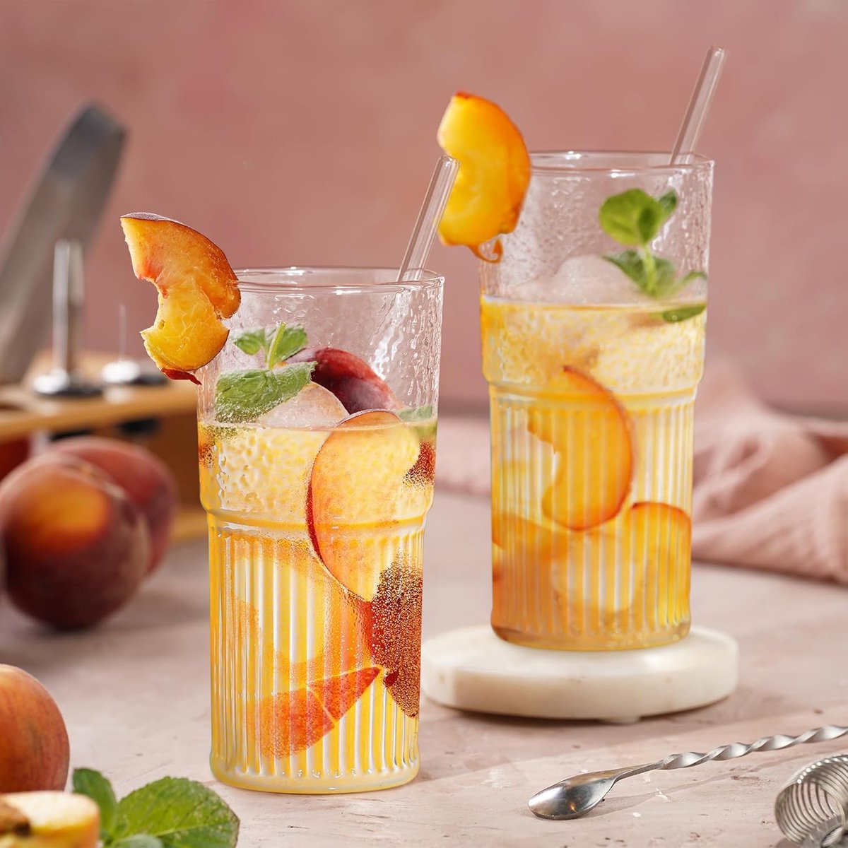 Set van 2 Drinkglazen (650ml) met Deksel en Rietje - Geribbeld voor Smoothies, Iced Coffee en Sap