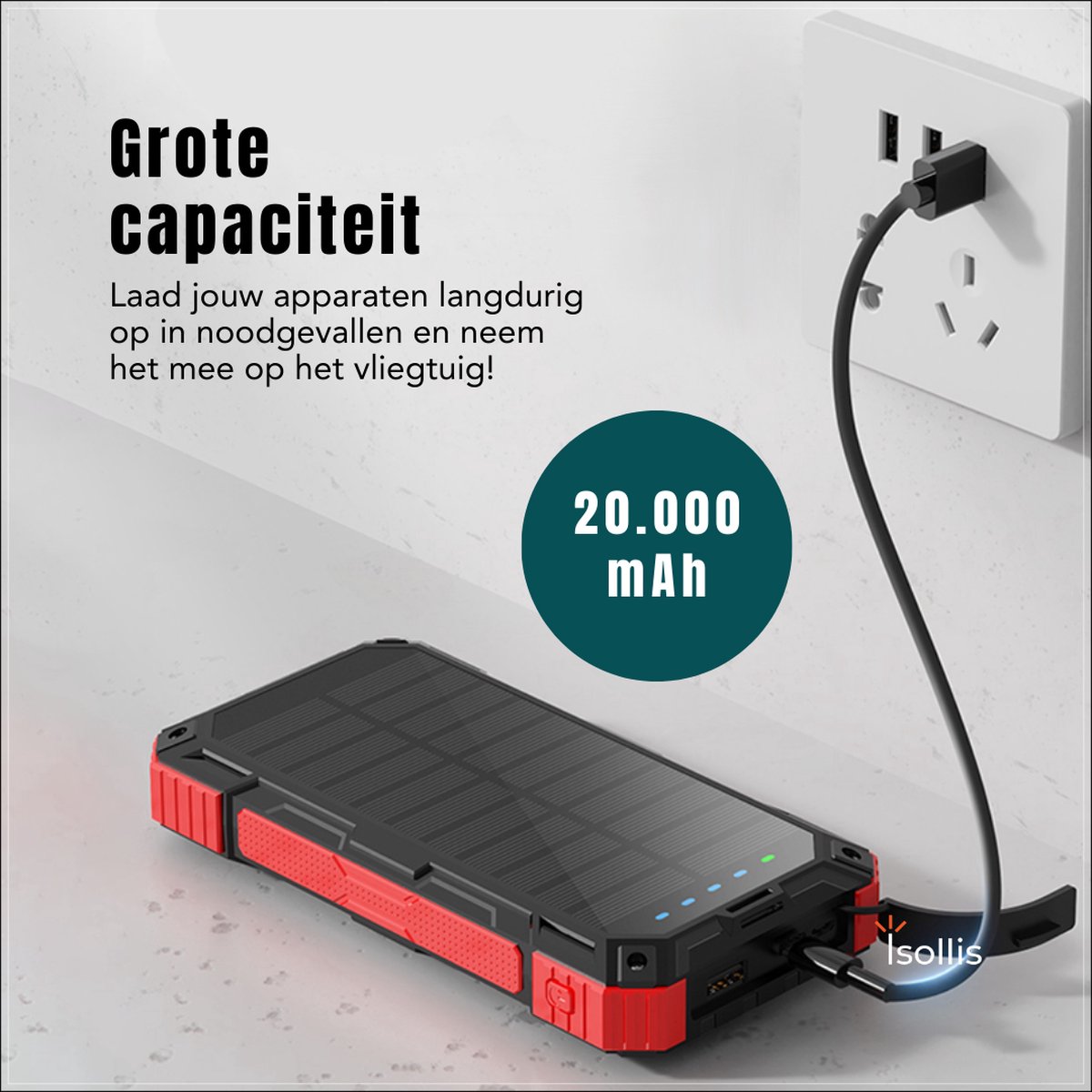 Isollis® Solar Powerbank 20000 mAh Rood met Zonne-energie - afbeelding 3