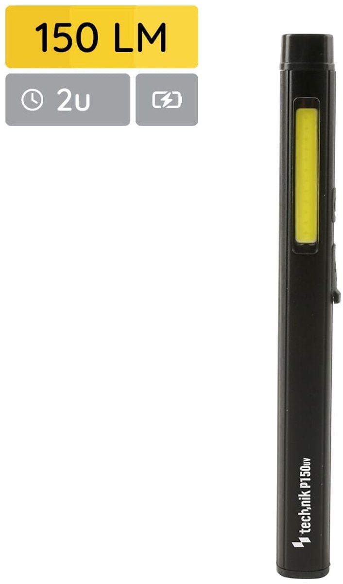 Technik LED Zaklamp Oplaadbaar - 3 Standen o.a. Met UV Stand - 150 Lumen - Inclusief USB C Oplaadkabel - 50 Meter Zicht