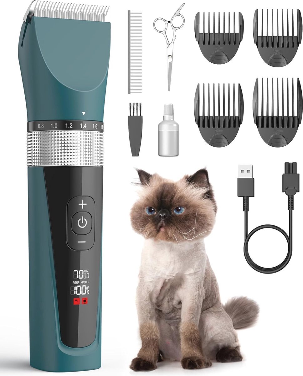 Kattentondeuse voor Gematteerd Haar - 5 Snelheden, Stille Draadloze Trimmer voor Lang Haar, Waterdichte Honden- en Kattenscheerapparaat