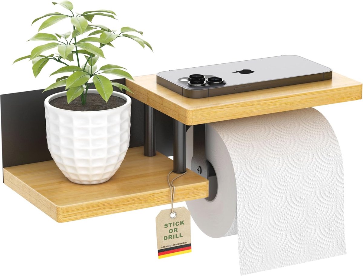 Toiletpapierhouder Bamboe met Plank - Vrijstaand en Eenvoudig te Bevestigen zonder Boren - Zwart