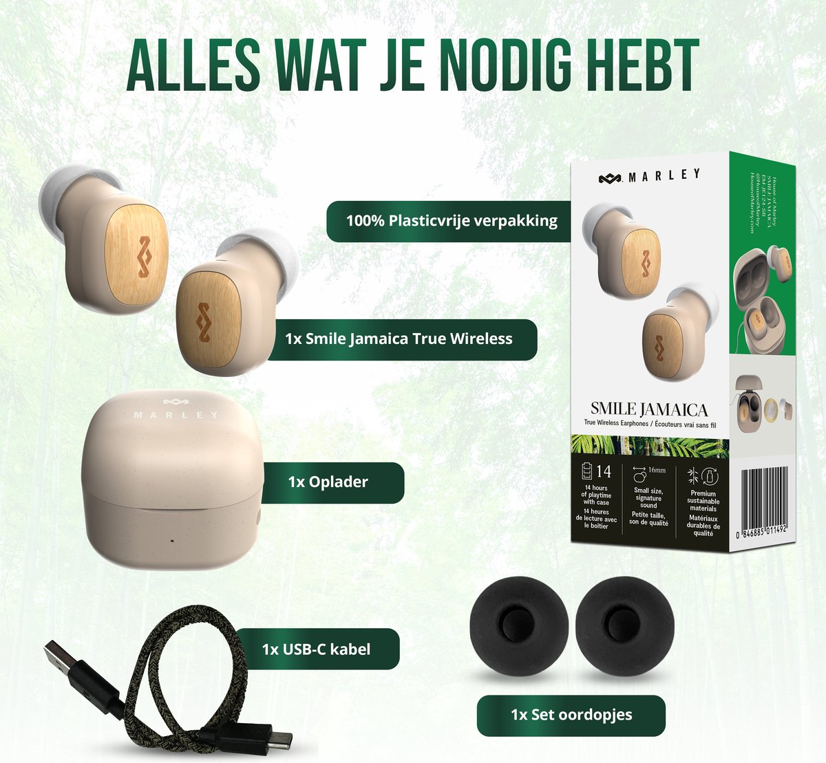 House of Marley Smile Jamaica TWS Draadloze oordopjes - Bluetooth - 14 uur Batterijduur - Met Microfoon - Oortjes Draadloos - Gemaakt van Duurzame Materialen - Cream – foto 7