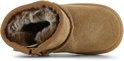Een bruin suède laarsje, bovenaanzicht, toont de opening met crème textiel en witte fluffy voering.