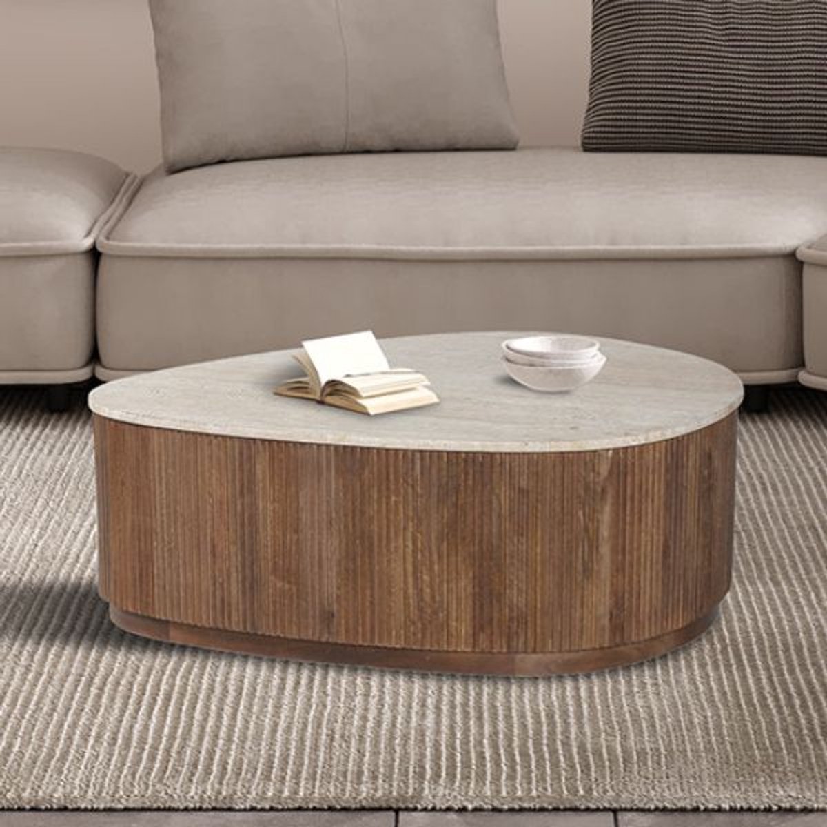 Salontafel 'Nolan' 100 cm Mango Hout met Travetin Beige