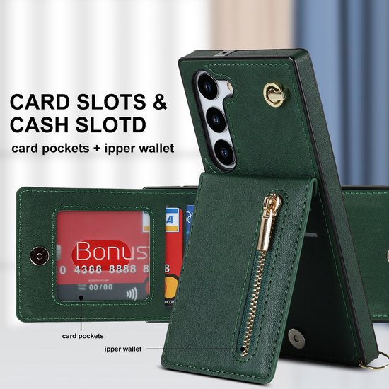Étui de téléphone vert foncé avec fermeture éclair, ouvert pour montrer des cartes et de l'argent dans les compartiments.