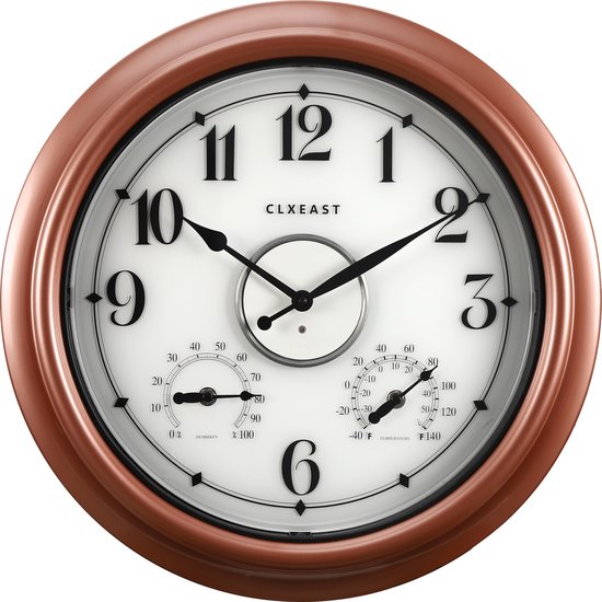 CLXEAST Horloge murale multifonctionnelle intérieure et extérieure en Koper/ or rose – Éclairage automatique, thermomètre, hygromètre et Design étanche