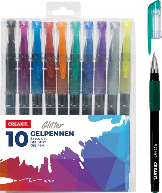CREAKIT Gelpennen Glitter – 10 stuks – Gelpennen Gekleurd – Gelpennen voor Volwassenen en Kinderen – Pennen Set - In Etui