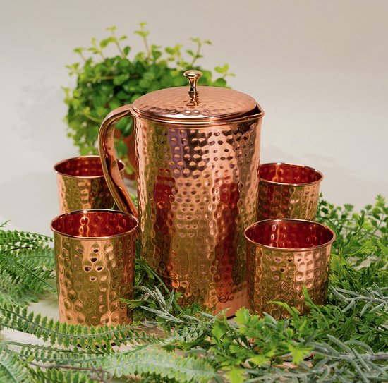 Set Cuivre Puur : Pichet (±1.5 l) + 4 Tasses Martelé