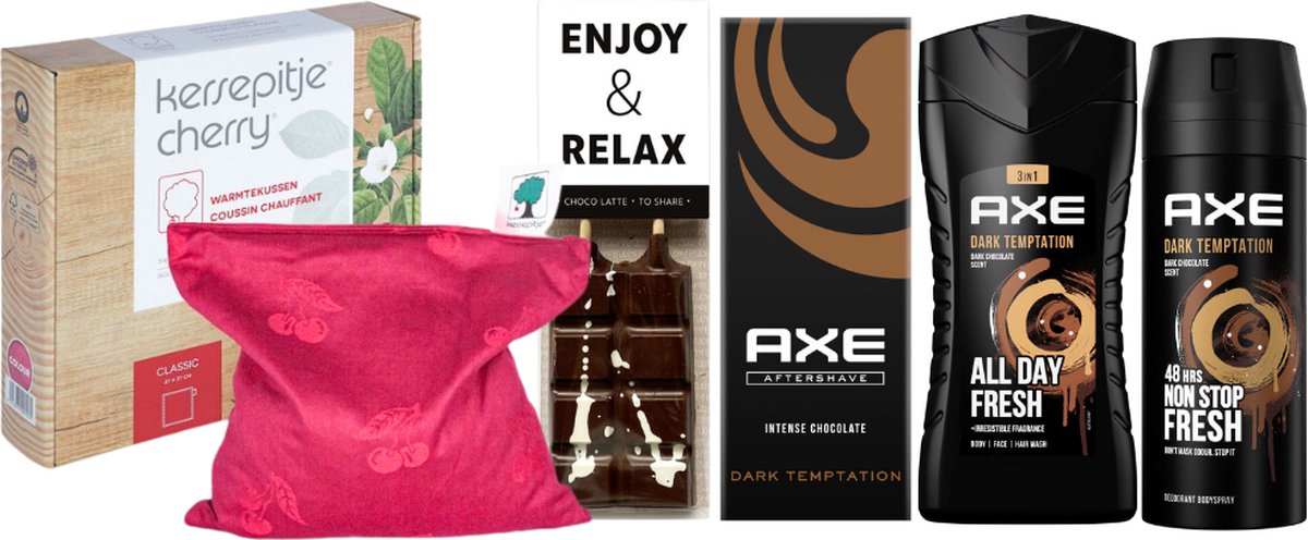Goedkoopste Axe Cadeauset Warme Kerst Chocolade & Warmtekussen Dark Temptation - Axe Aftershave 100 ml Dark Temptation - Axe Deo Spray 150 ml Dark Temptation - Axe Showergel 250 ml Dark Temptation - Kersepittje Warmtekussen Classic 27x27cm