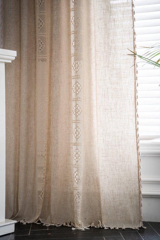 Boho Rideaux Pour Salon Vintage Gland Crochet kanten Panneaux Pour Chambre Fenêtre Ferme Rétro Creux Sheer Rideaux, 59"w × 63"l (150cm x160cm) -2 Panneaux-Beige Cube