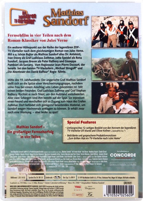 DVD-hoes met Mathias Sandorf. Op de achterkant, scènes met acteurs en informatie over de serie. Special features.