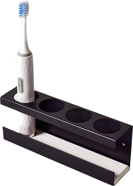 Tandenborstelhouder aan de muur, geen boren elektrische tandenborstel organizer badkamer tandpasta opbergrek met 4 borstelsleuven en bekerhouder ( zwart goud