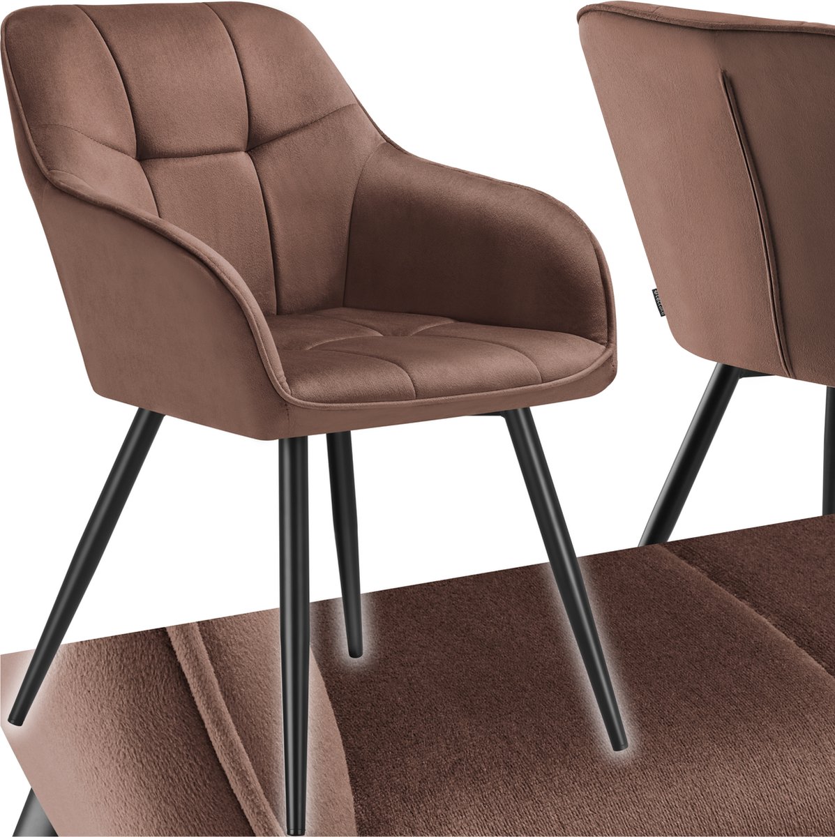 Tectake Eetkamerstoel Marilyn - Gestoffeerde Stoel in Fluweellook - Stikpatroon - Zwarte Stoelpoten - Ergonomische Keukenstoel - Met Doorlopende Rugleuning en Armleuningen - Stoel voor Woonkamer, Eetkamer, Slaapkamer - Bruin