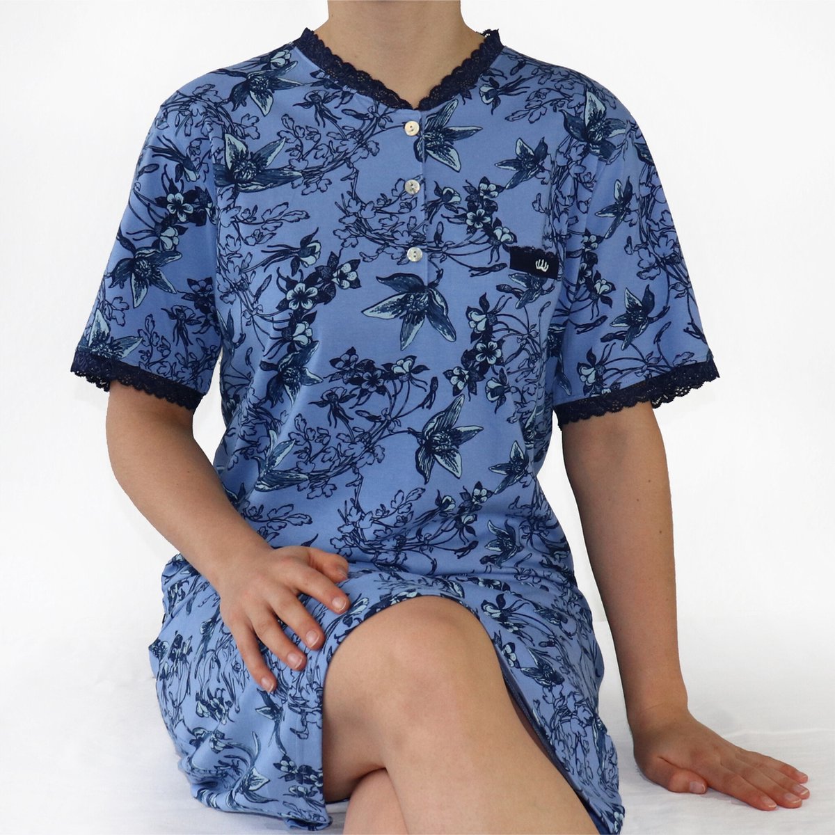 Medaillon Dames Nachthemd - Korte Mouwen - Gebloemd - Blauw