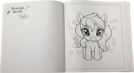Kleurboekpagina met een schattige pony met grote ogen, omringd door hartjes en potloden.