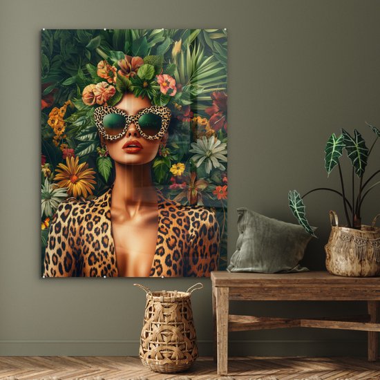 MuchoWow® Peinture sur verre 90x120 cm - Peinture sur verre acrylique - Femme - Imprimé Panthère - Jungle - Nature - Luxe - Photo sur verre - Décoration murale salon - Décoration murale chambre - Peintures