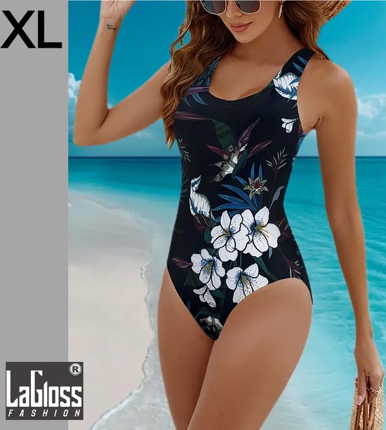 LaGloss® Maillot de bain Fleurs tropical Zwart - Maillot de bain Summer Beach - 1 pièce - Taille XL