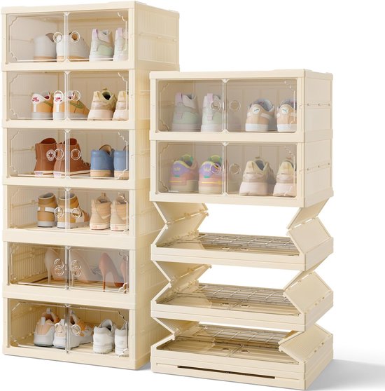 Opvouwbare schoenenrek-organizer, 6-laags doorzichtige plastic stapelbare schoenenkast met deur, installatievrij en ruimtebesparend voor entree, hal, kast, woonkamer