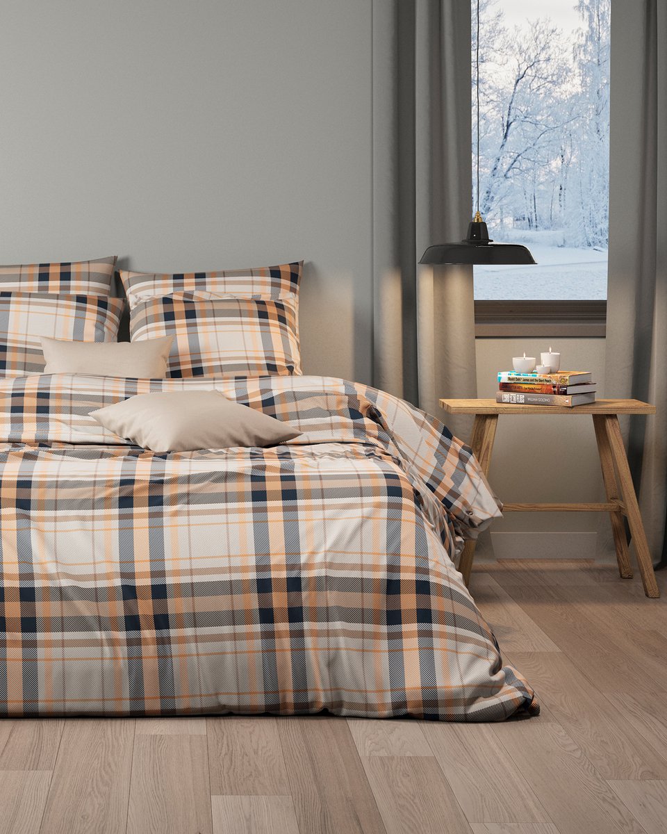 Mistral Home DEKBEDOVERTREK - flanel - 140 x 200 cm + 65 x 65 cm - eenpersoons - ruiten - Écru Écru/Grijs/Oranje/Beige