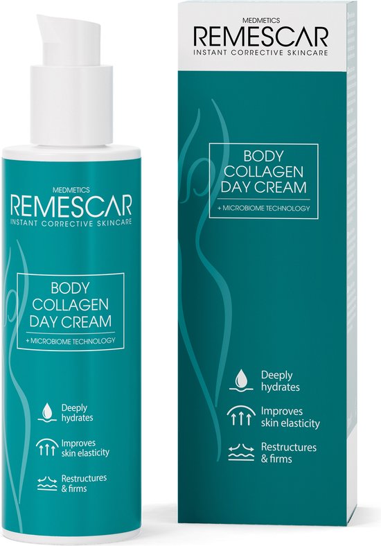 Fles en doos van Remescar Body Collagen Day Cream. De verpakking toont de tekst 'BODY COLLAGEN DAY CREAM', 'Deeply hydrates', 'Improves skin elasticity', 'Restructures & firms'.
