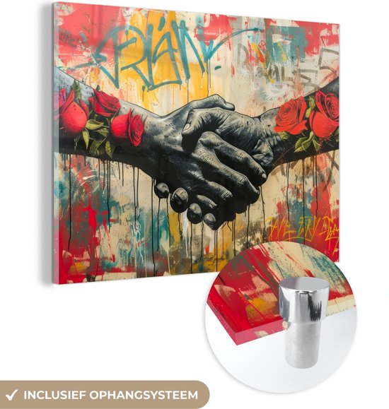 MuchoWow® Peinture sur verre 40x30 cm - Peinture sur verre acrylique - Graffiti - Roses - Mains - Street art - Photo sur verre - Décoration murale salon - Décoration murale chambre - Peintures