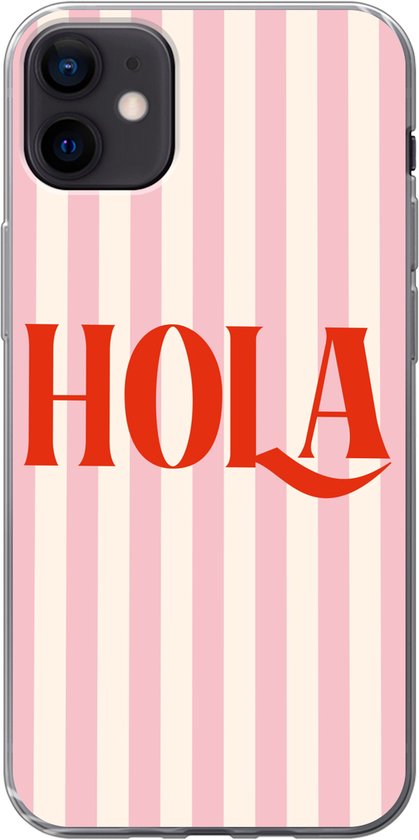 Coque de téléphone compatible avec iPhone 12 mini - Hola - Citation - Rayures - Pastel - Rose - Rouge - Wit - Coque de téléphone en Siliconen Coque de téléphone