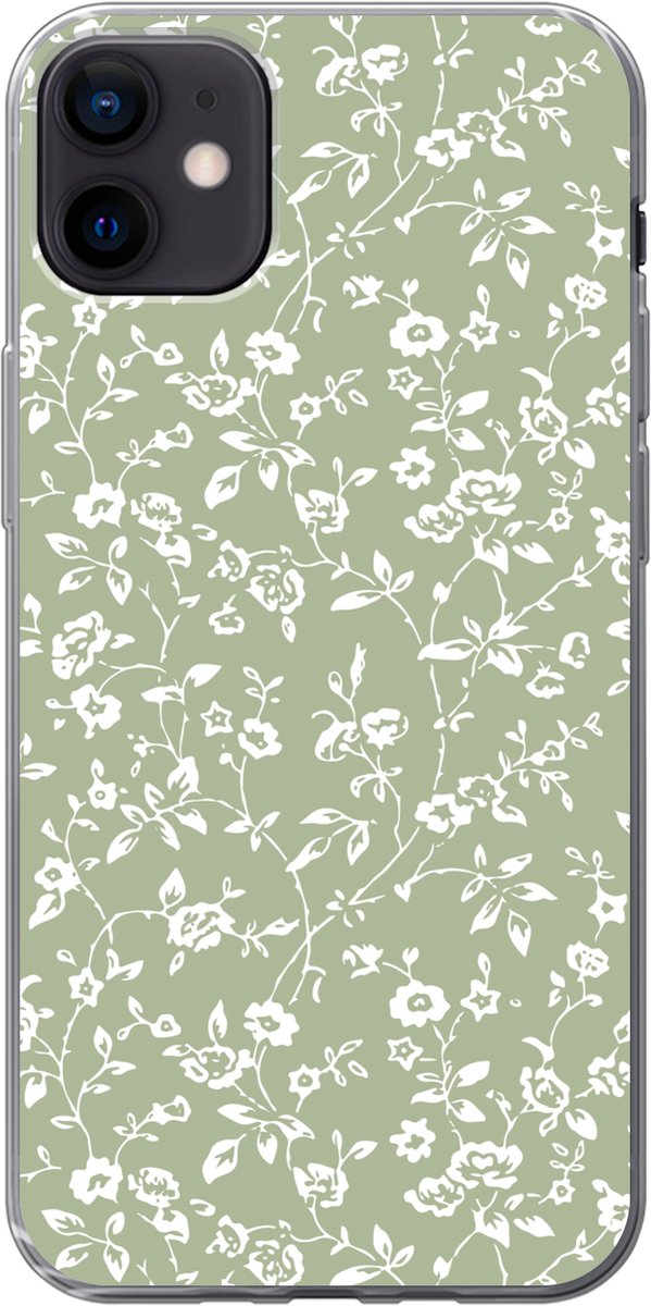 Telefoonhoesje Geschikt voor iPhone 12 mini hoesje - Bloemen - Print - Groen - Wit - Siliconen Telefoonhoesje Telefoonhoesje