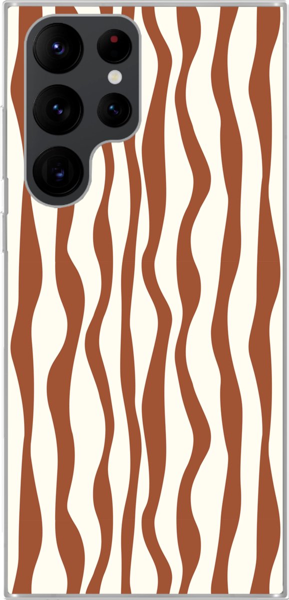Telefoonhoesje Geschikt voor Samsung Galaxy S22 Ultra hoesje - Golvende lijnen - Strepen - Beige - Bruin - Siliconen Telefoonhoesje Telefoonhoesje