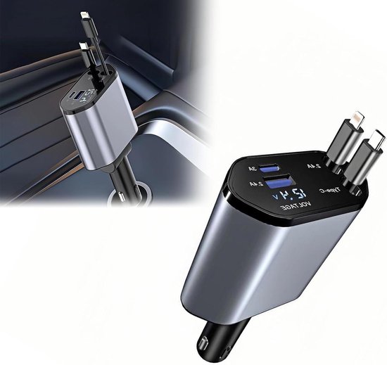 Chargeur voiture rétractable 120W - charge rapide - compatible iPhone 15/Galaxy/ Pixel/ Google/ Huawei .