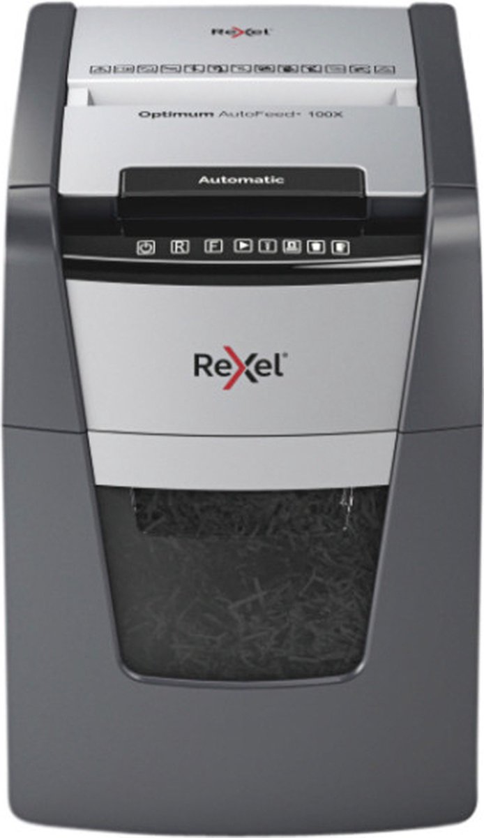 Rexel Optimum AutoFeed+ 100X Fluisterstille Papierversnipperaar - P4 Snippers - Automatische Invoer Tot 100 Vel - 34L - Zwart