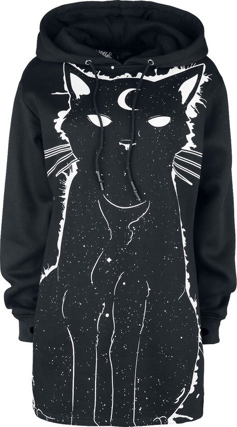 Zwarte trui met capuchon met een witte grafische print van een kat, maan en sterren.