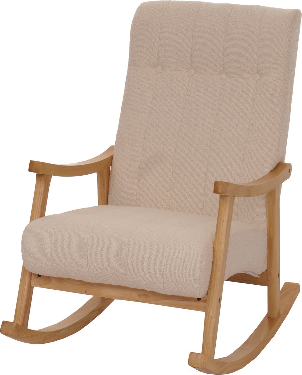 Schommelstoel MCW-K10, relaxstoel, hout MVG stof/textiel bouclé (450 g/m²) ~ beige, frame naturel