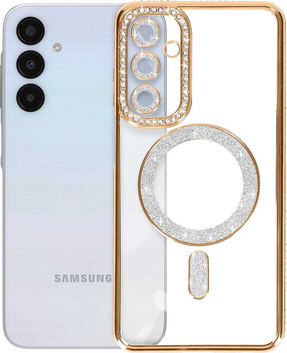 Avizar Diamond hoesje Geschikt voor Samsung Galaxy A25 MagSafe Omtrek Strass, Goud