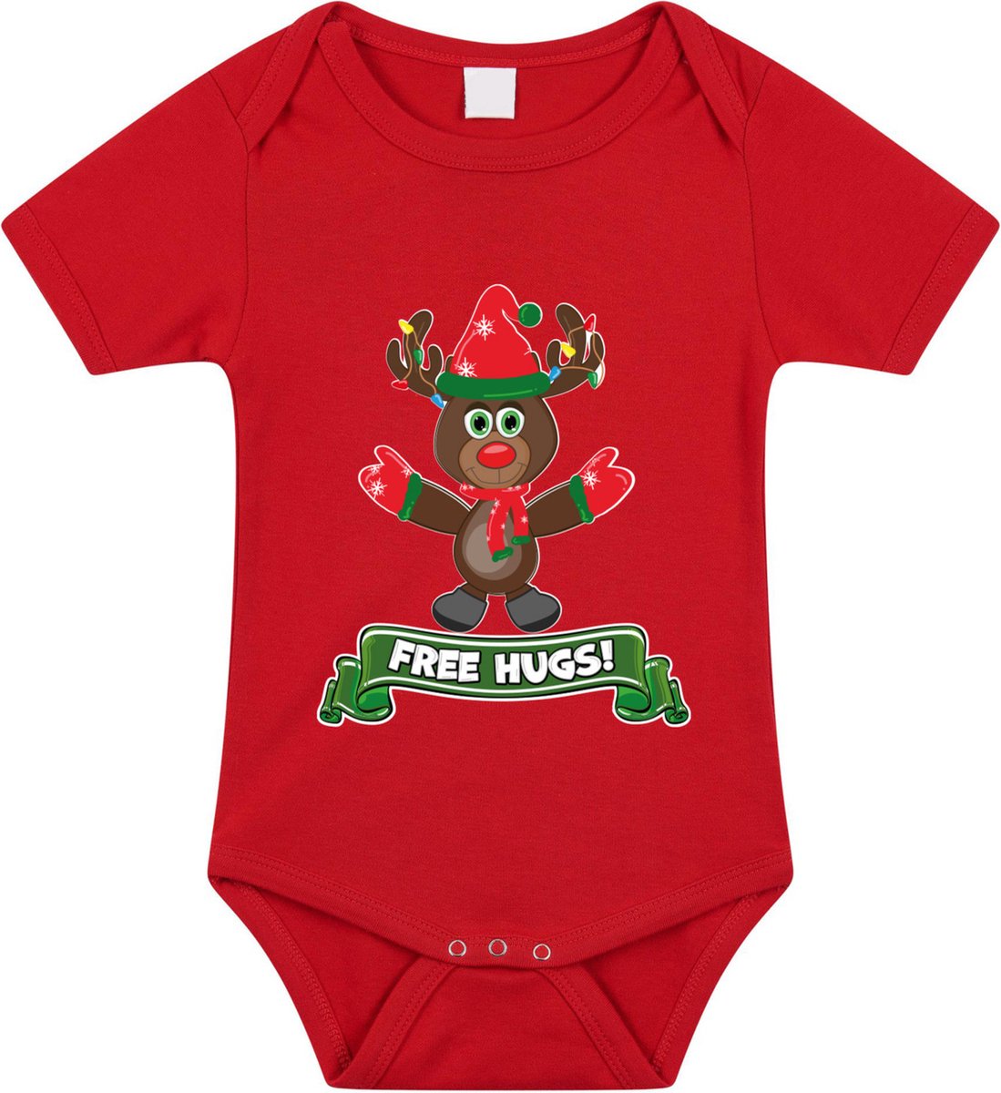 Bellatio Decorations Kerst baby rompertje - rood - rendiertje - free hugs - Kerst cadeau 92