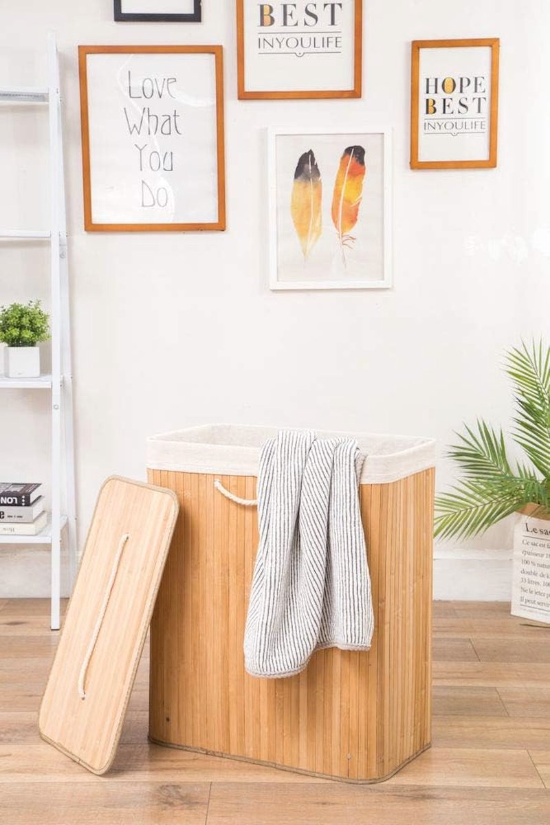 Goedkoopste Grote Bamboe Wasmand met Deksel - Dubbele Opvouwbare Washandler 110 Liter voor Kleurgesorteerde Was