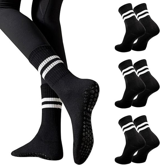 3 paires de chaussettes - Chaussettes antidérapantes - Chaussettes de sol - Chaussettes en pur coton - Bas antidérapants - Chaussettes d'exercice de yoga - Taille unique - Convient pour le yoga, le ballet, la danse, la gym pieds nus - Noir