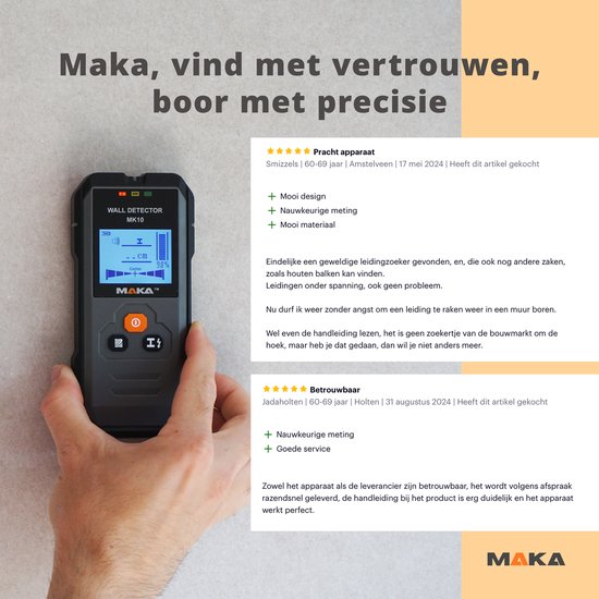 Hand met MAKA MK10 leidingzoeker, met positieve klantrecensies.