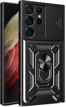 Samsung Galaxy S23 Ultra Hoesje - MobyDefend Pantsercase Met Draaibare Ring - Zwart - GSM Hoesje - Telefoonhoesje Geschikt Voor: Samsung Galaxy S23 Ultra