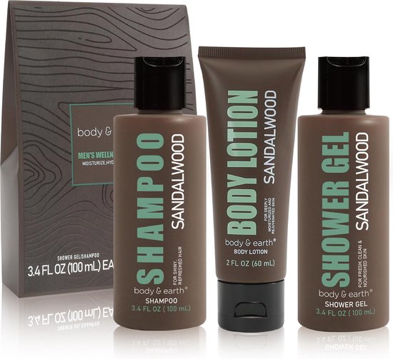 Body & Earth - Cadeau voor Man Verjaardag - Sandalwood Man Wellness Giftset - Stoere Geschenkset Lichaam - Cadeau Pakket voor Hem - Cadeauset Heren Wellness bath rituals - Verwenpakket Mannen, vader, vriend, papa, broer - Cadeautje voor hem