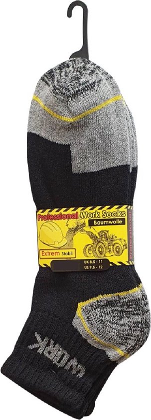 Zwarte werksokken met label "Professional Work Socks Baumwolle". Grijze en gele accenten.