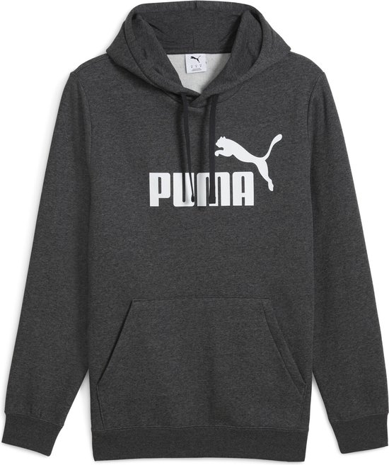 Donkergrijs gemêleerde hoodie met groot wit Puma logo op de borst.