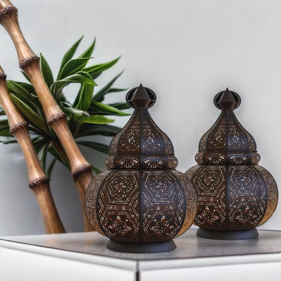 Set van 2 Oosterse lantaarns van metaal, Ezana Gold, 36 cm, Marokkaanse tuinlantaarn voor buiten of binnen, Marokkaans Oosters windlicht, hangend of om neer te zetten