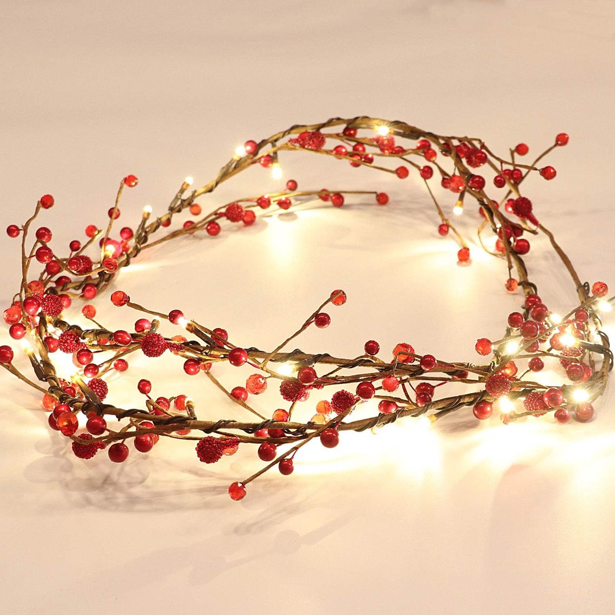 Set van 2 1,8 m rode bessenslinger - kerstverlichting - batterij met timerfunctie - 30 leds - lichtsnoer - warmwit licht