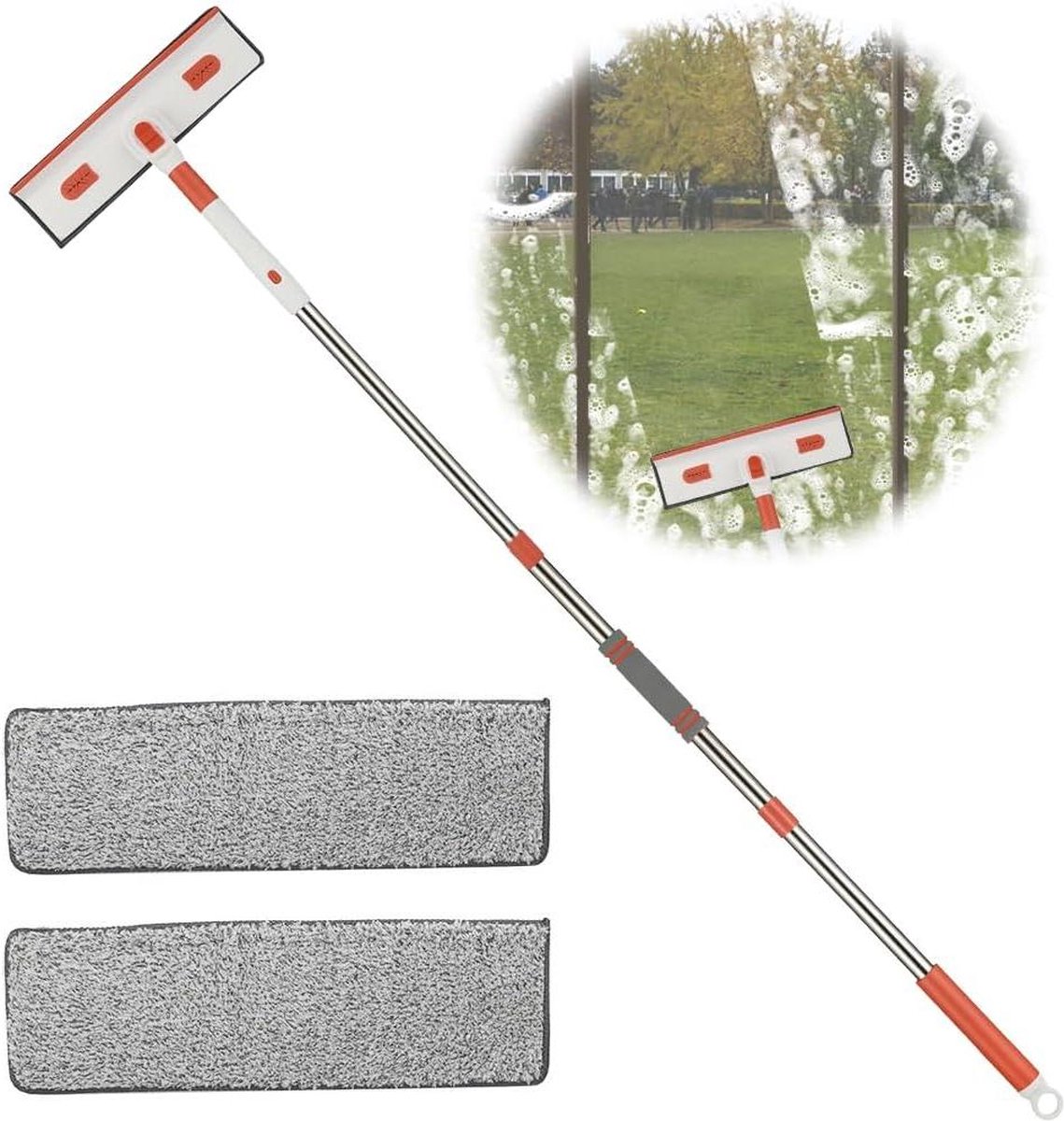 Goedkoopste Raamreiniger 2-in-1 met telescoopsteel en 2 microvezelpads - 120 cm telescoop raamreiniger met draaibare kop - voor hoge ramen, badkamer, douche, glas en spiegel