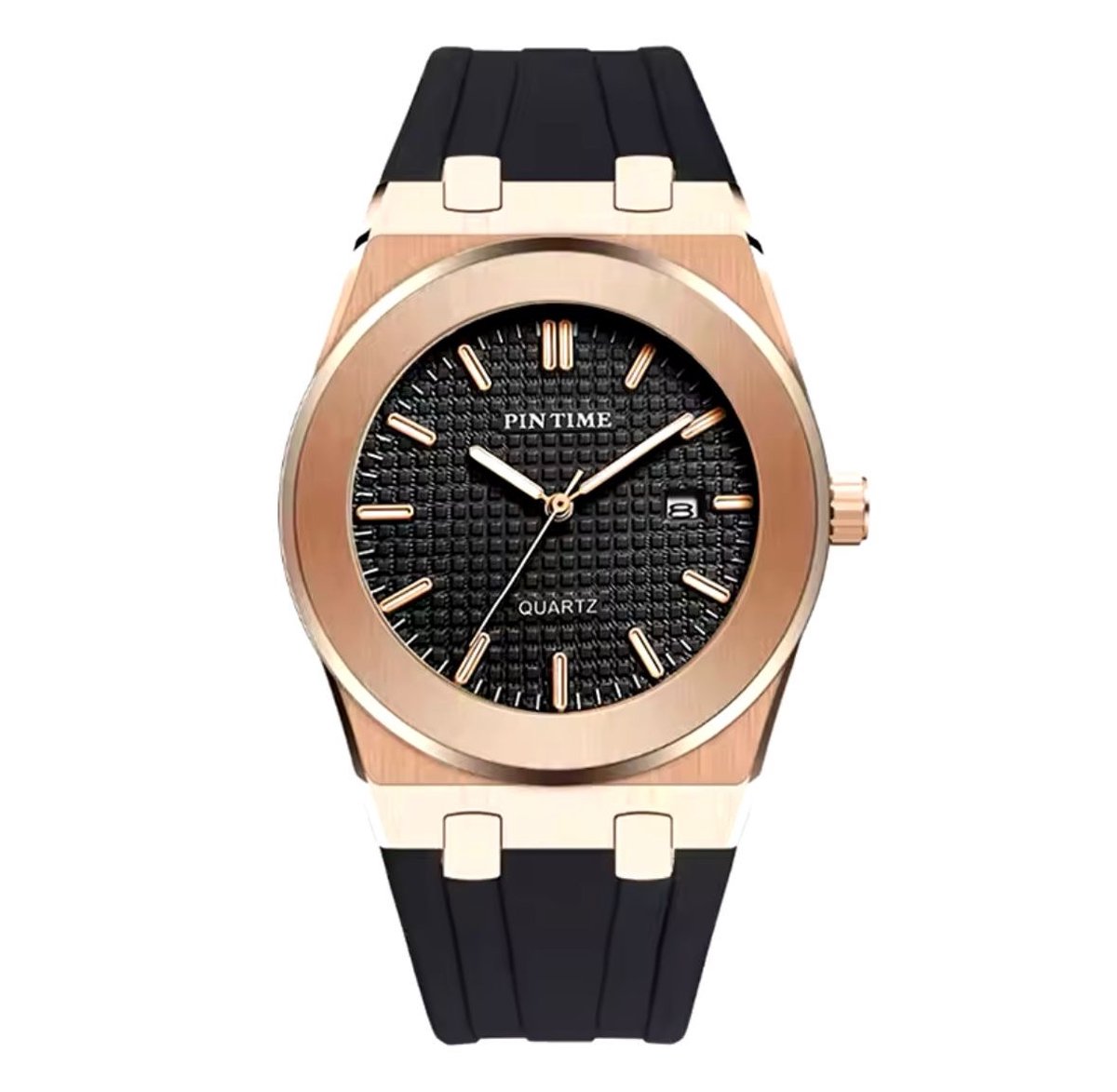 Luxe Herenhorloge - Mannen - Siliconen Polsband - Rosé en Zwart - Luxe Doos