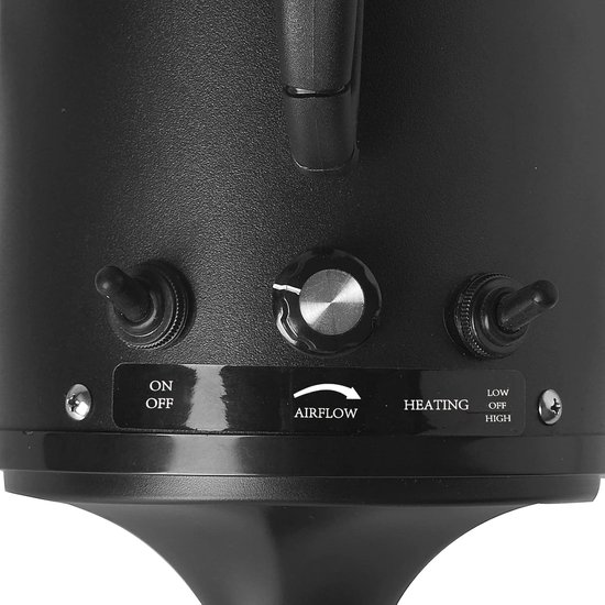 Detail van de bedieningsknoppen: power switch, airflow (snelheid), heating (laag, uit, hoog).
